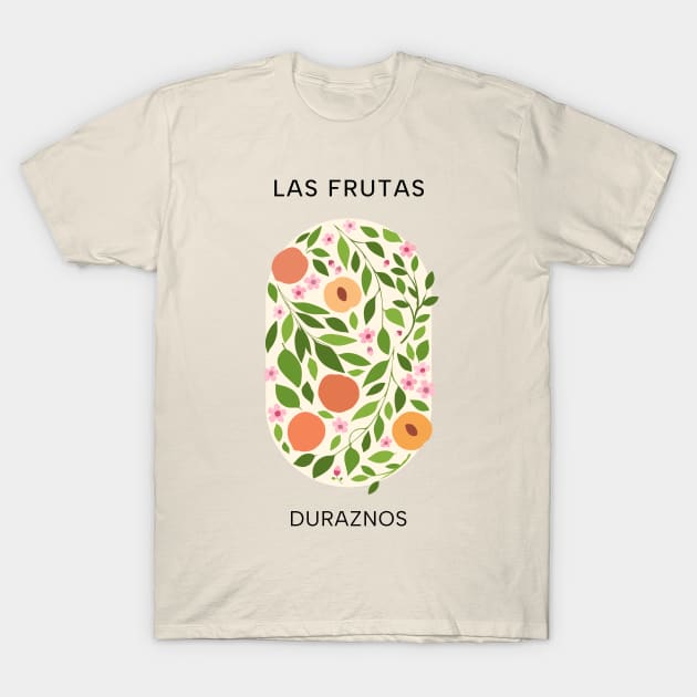 Las Frutas: Duraznos - Fruit and flower market poster with peaches, blossoms, and leaves T-Shirt by retrografika